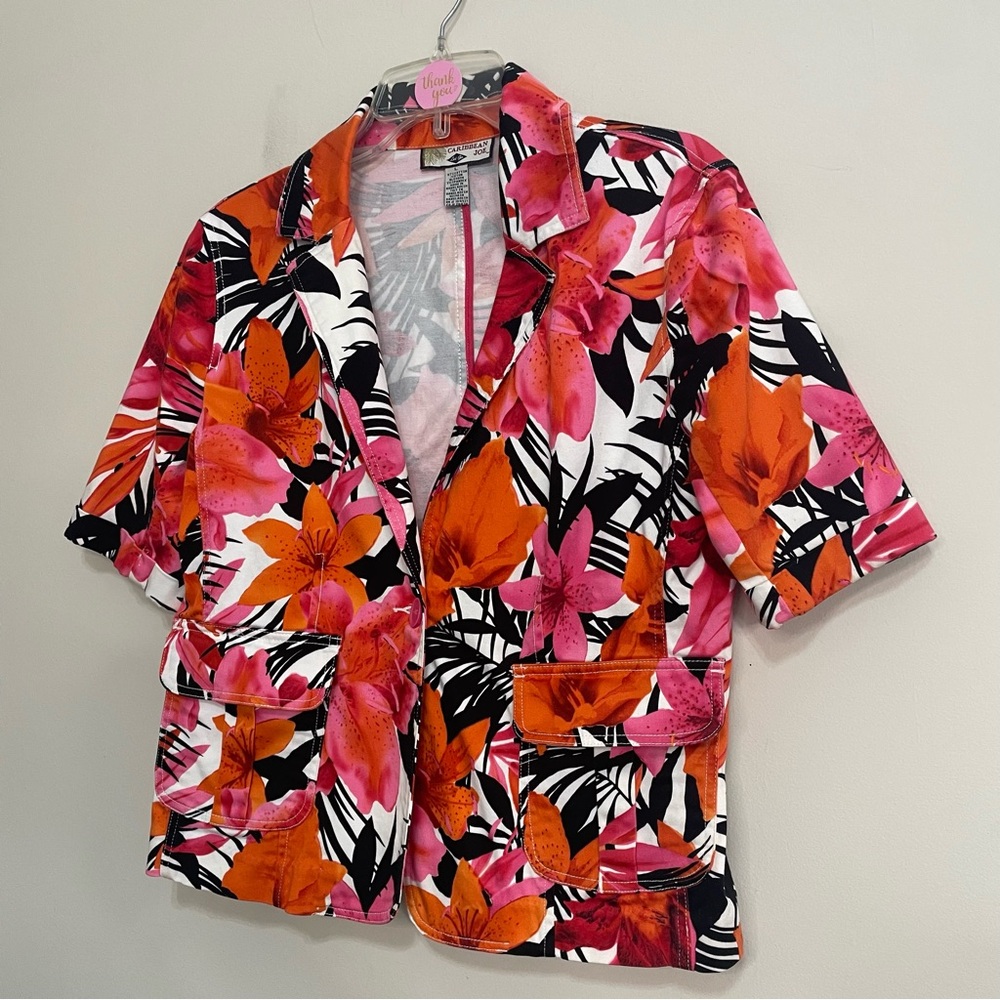 Caribbean Joe Pink, Orange & Black Floral Short Sleeve Jacket~Size L~‎ Tropical